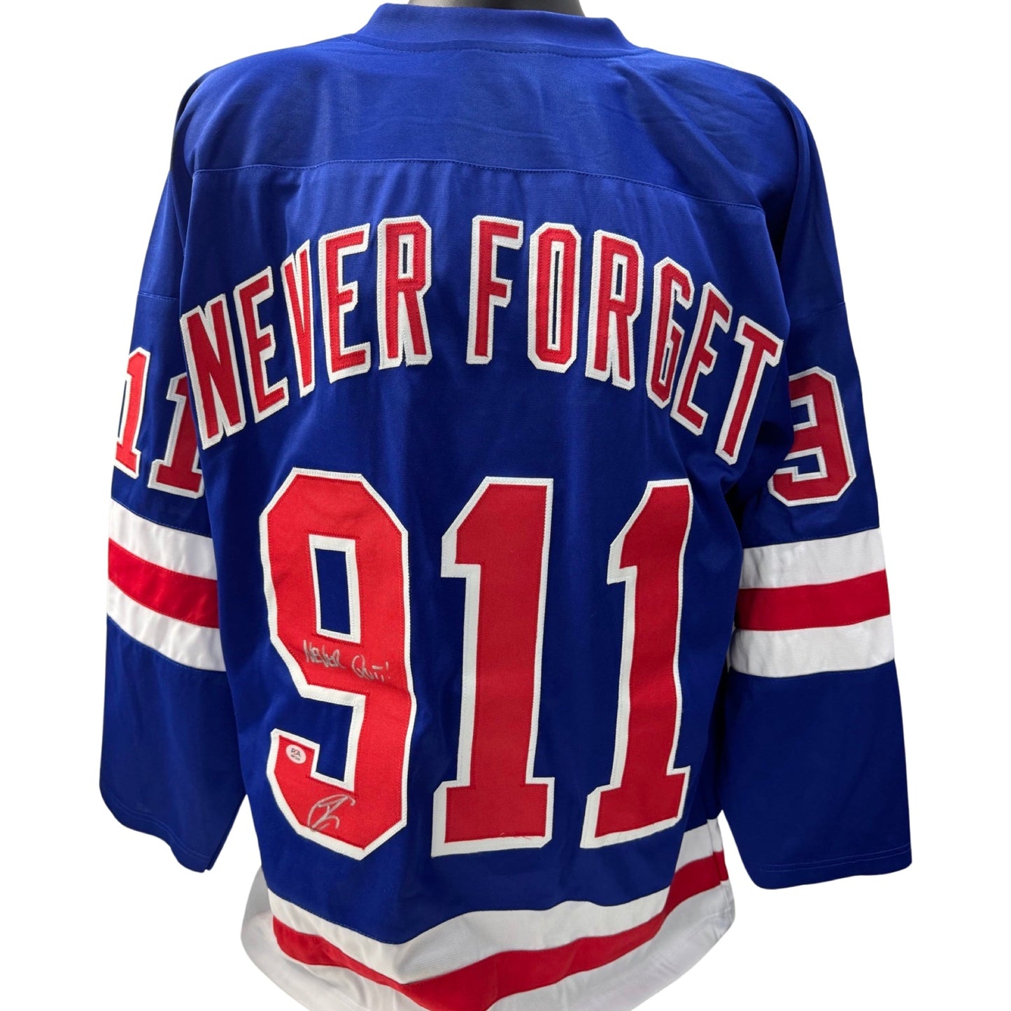 Robert O’Neill Autographed New York Rangers Blue Jersey Never Quit! Inscription PSA