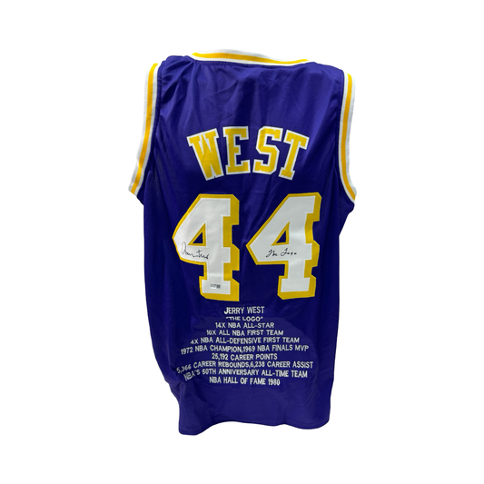 Jerry West Autographed Los Angeles Lakers Purple Stat Jersey The Logo Inscription Steiner CX