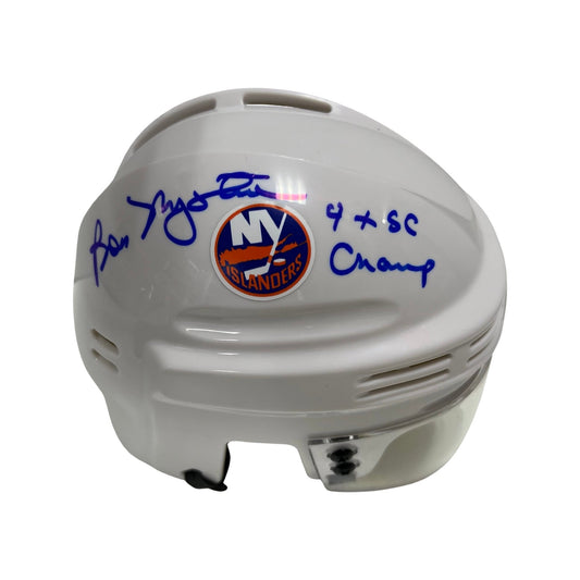 Bob Nystrom Autographed New York Islanders White Mini Helmet 4x SC Champs Inscription Steiner CX