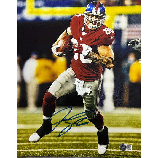 Jeremy Shockey New York Giants Red Jersey Running Autographed 11x14 Photo Beckett BAS