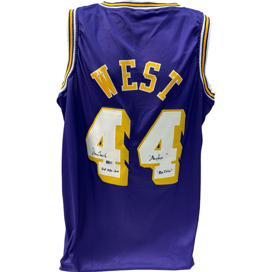 Jerry West Autographed Los Angeles Lakers Purple Jersey The Logo, Mr Clutch, HOF 1980-2010 Inscription Steiner CX