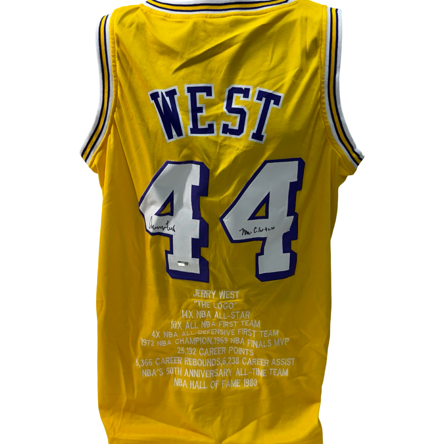 Jerry West Autographed Los Angeles Lakers Yellow Stat Jersey “Mr Clutch” Inscription Steiner CX