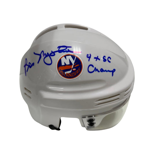 Bob Nystrom Autographed New York Islanders White Mini Helmet “4x SC Champs” Inscription Steiner CX