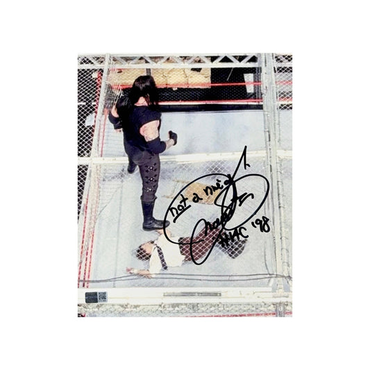 Mick Foley Autographed WWE Hell in the Cell Undertaker Stand Over 8x10 HITC 98, Have a Nice Day Inscriptions Steiner CX