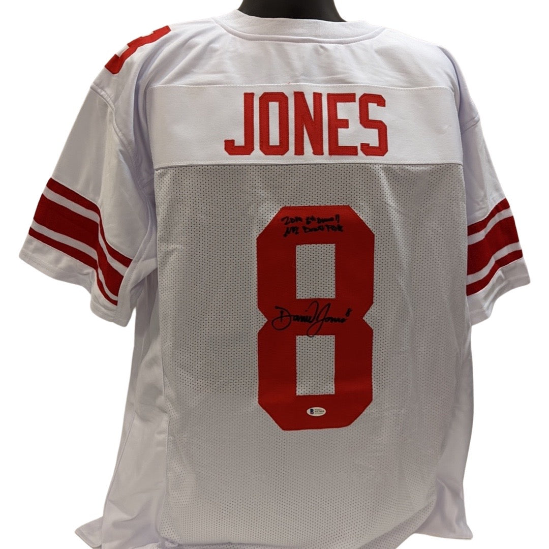 Daniel Jones Autographed New York Giants White Jersey 2019 6th Overall Pick Inscription Beckett