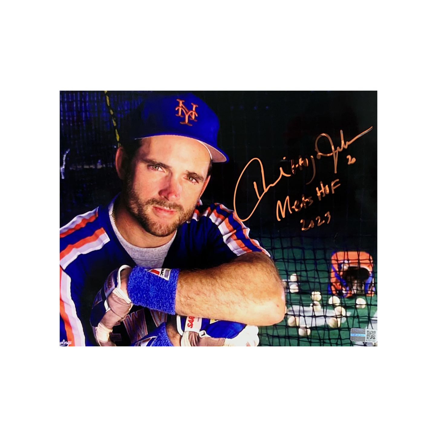 Howard Johnson Autographed New York Mets Batting Cage 8x10 “Mets HOF 2023” Inscription Orange Ink Steiner CX