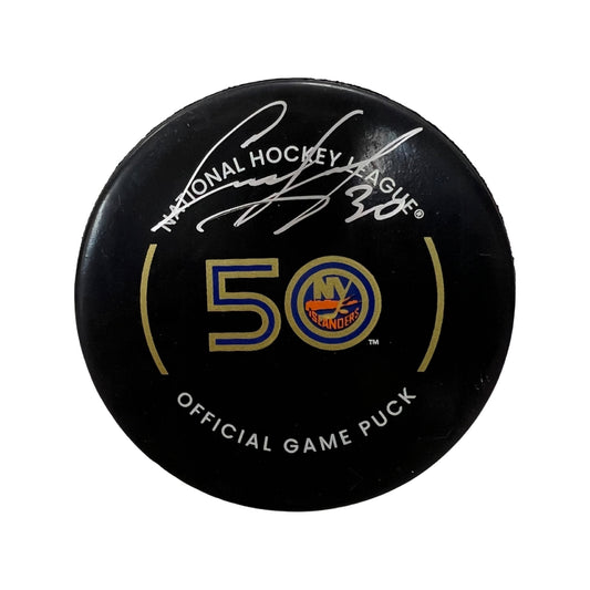 Ilya Sorokin Autographed New York Islanders 50th Anniversary Official Game Puck Silver Ink Beckett