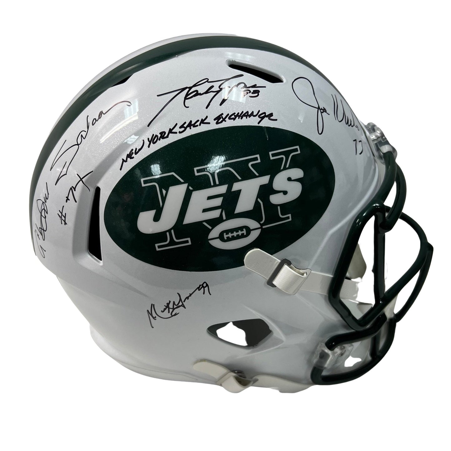 Mark Gastineau, Joe Klecko, Marty Lyons & Abdul Salaam Autographed New York Jets 98-18 White Replica Helmet New York Sack Exchange Inscription JSA
