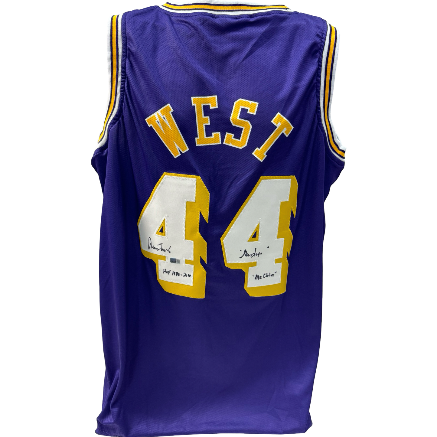 Jerry West Autographed Los Angeles Lakers Purple Jersey “The Logo, Mr Clutch, HOF 1980-2010” Inscription Steiner CX