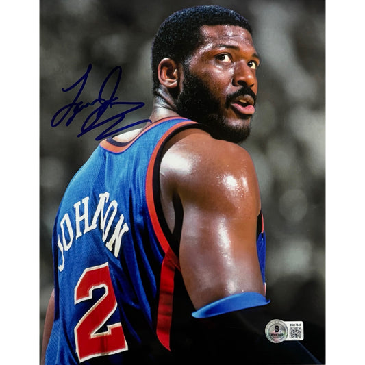 Larry Johnson Autographed New York Knicks Close Up Blue Jersey 8x10 Beckett