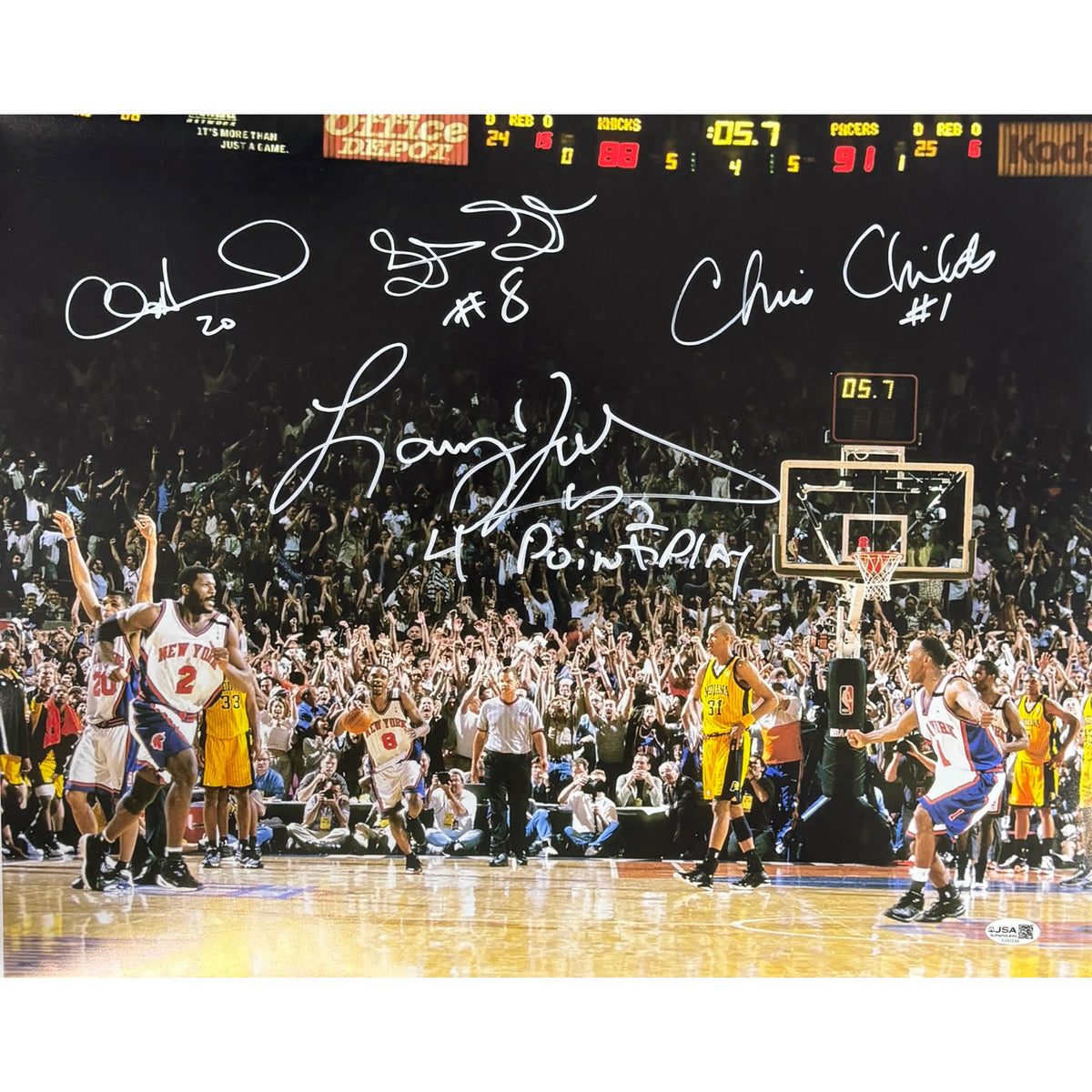Johnson Childs Sprewell Houston Autographed New York Knicks Inscribed 4 Point Play 16x20 JSA