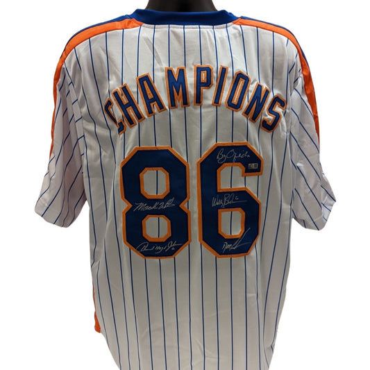 Doc Gooden, Mookie Wilson, Bobby Ojeda, Wally Backman & Howard Johnson Autographed New York Mets 1986 Champions Pinstripe Jersey Steiner CX