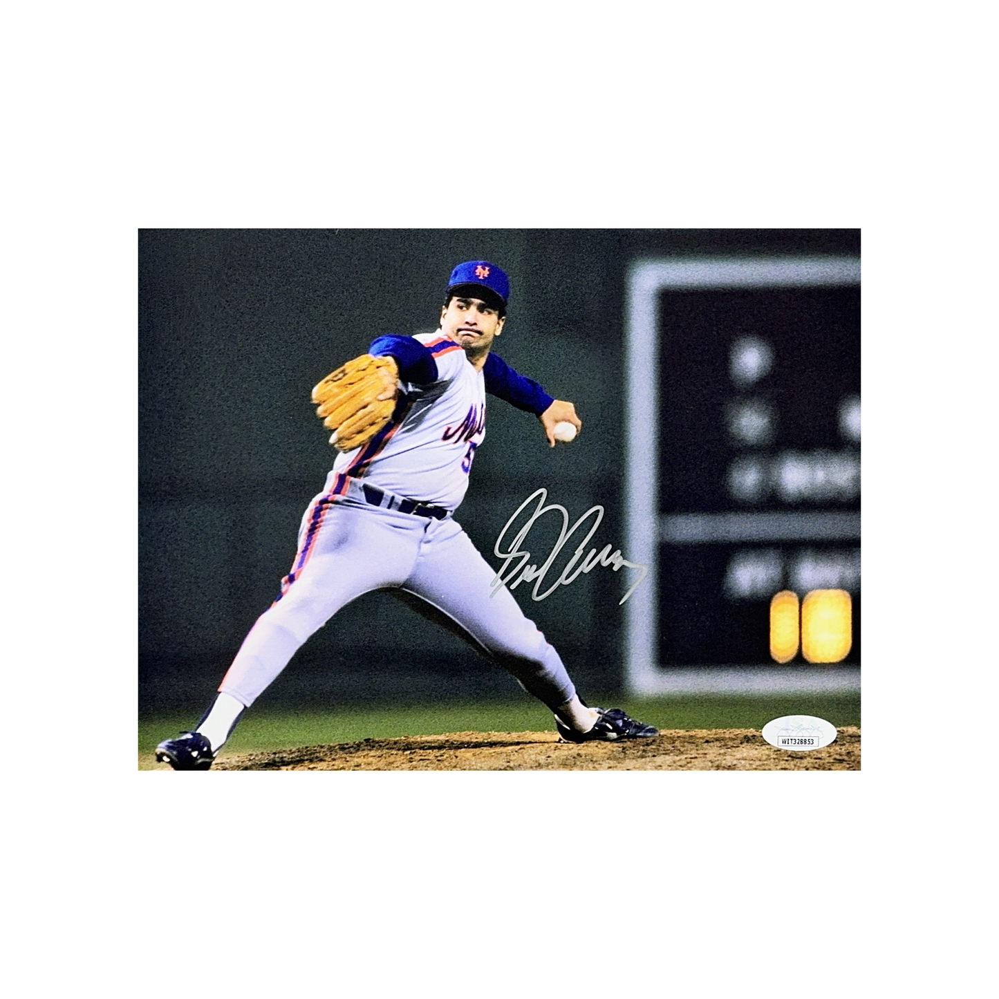 Sid Fernandez Autographed New York Mets Pitching Grey Jersey Front 8x10 JSA