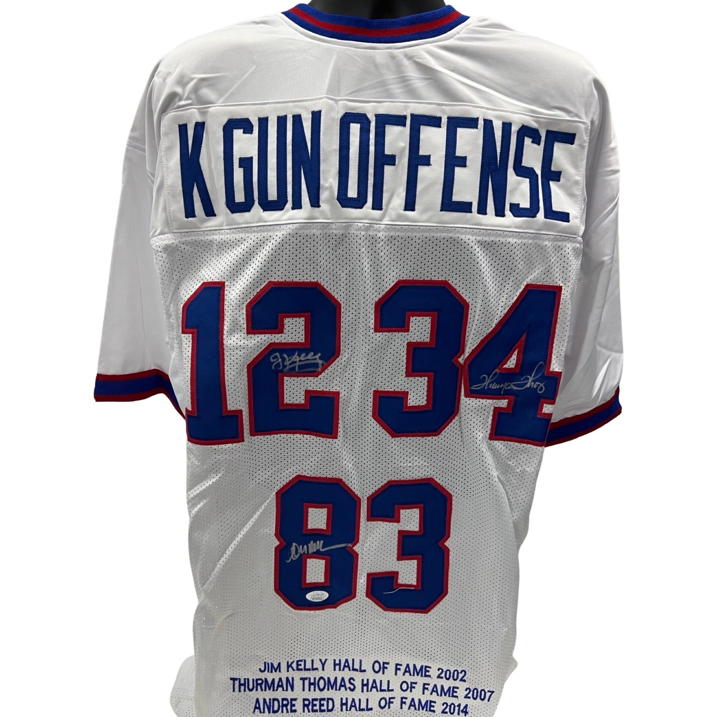 Jim Kelly, Thurman Thomas & Andre Reed Autographed Buffalo Bills K Gun Offense White Jersey JSA