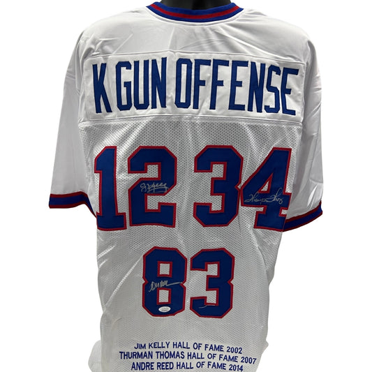 Jim Kelly, Thurman Thomas & Andre Reed Autographed Buffalo Bills K Gun Offense White Jersey JSA