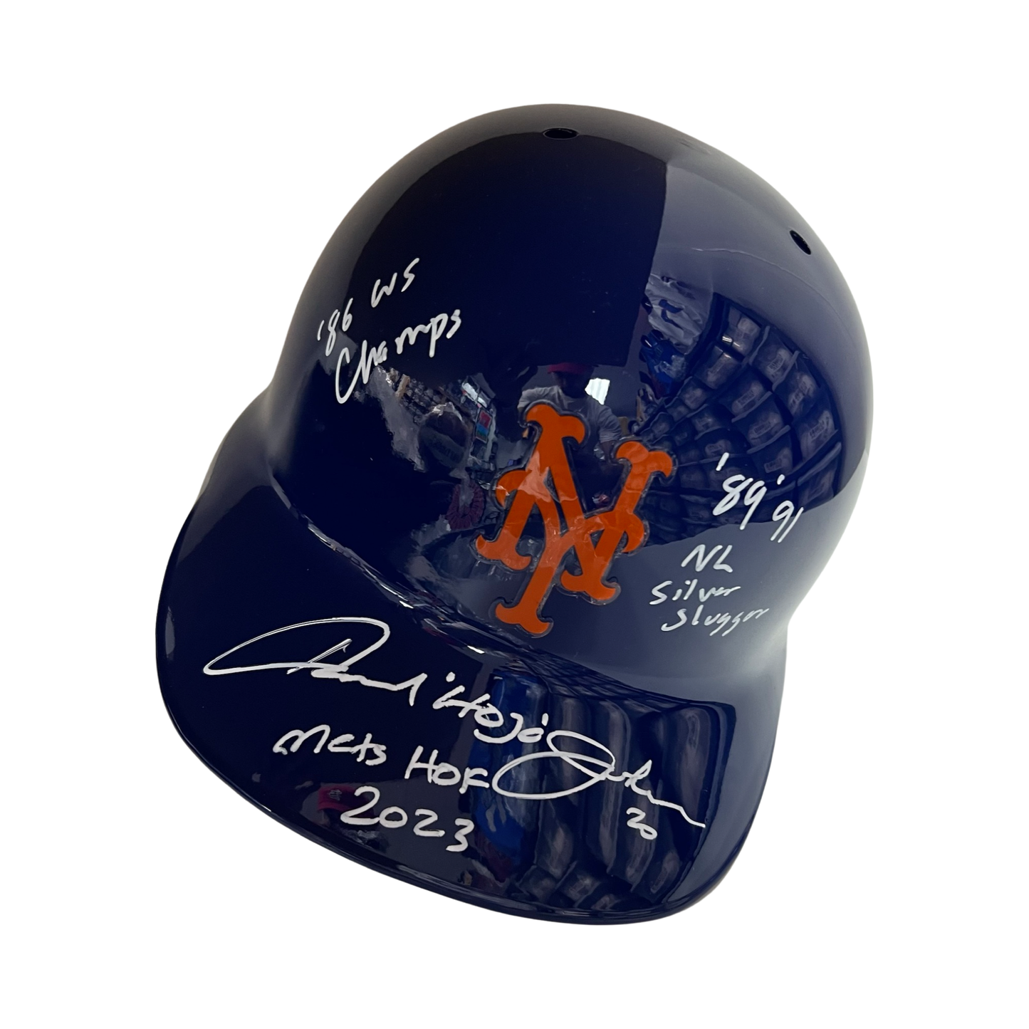 Howard Johnson Autographed New York Mets Batting Helmet Mets HOF 2023, 86 WS Champs, 89, 91 NL Silver Slugger Inscription Steiner CX