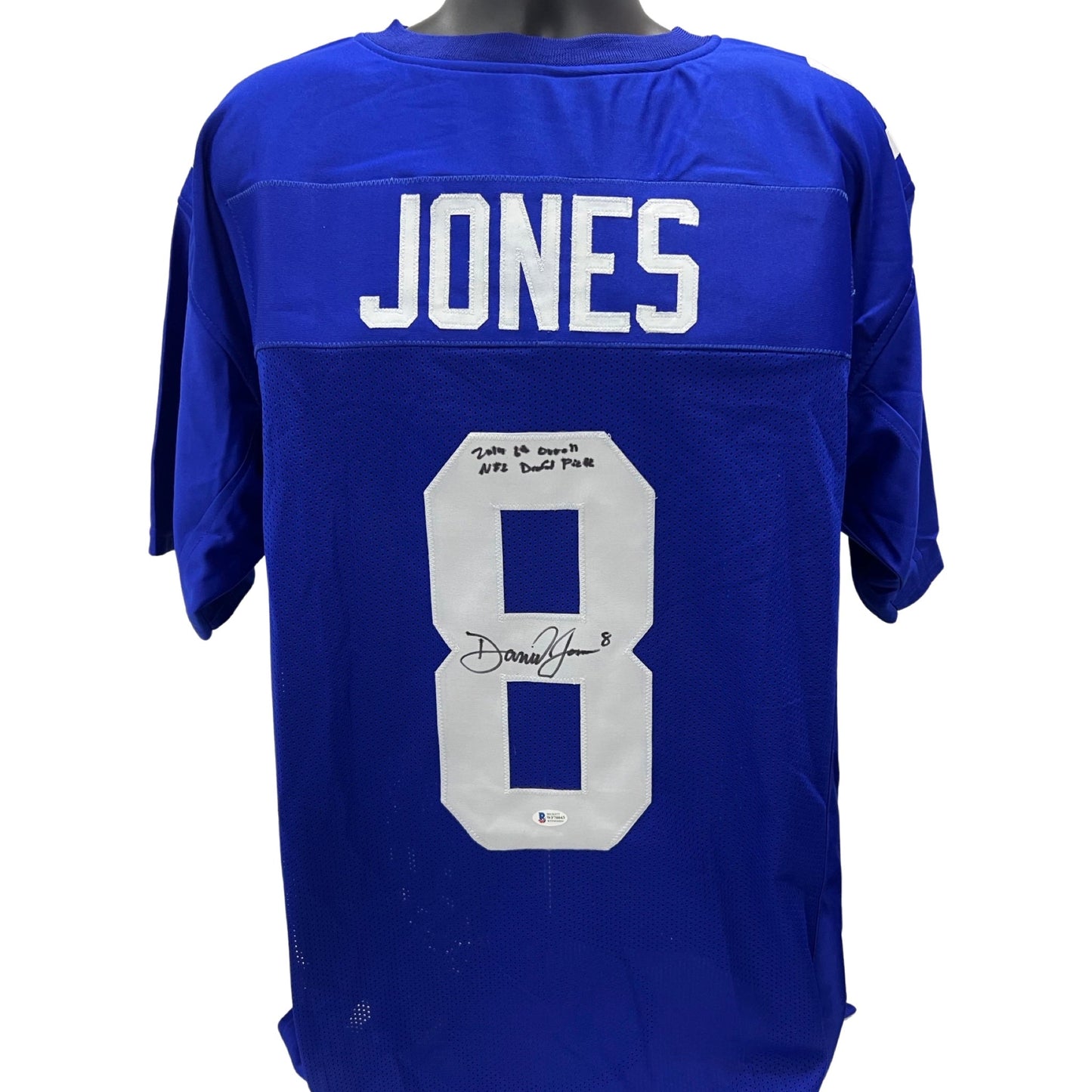 Daniel Jones Autographed New York Giants Blue Jersey 2019 6th Overall Pick Inscription Beckett