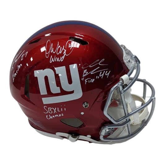 Brandon Jacobs, Ahmad Bradshaw & Derrick Ward Autographed New York Giants Flash Authentic Helmet “Earth, Wind, Fire, SB XLII Champs” Inscriptions Steiner CX