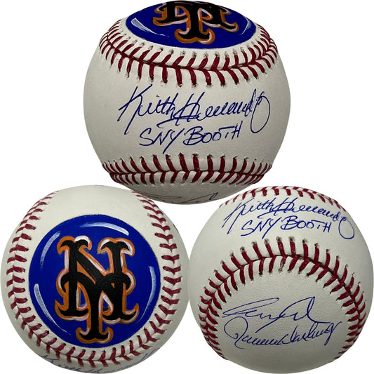 Keith Hernandez, Ron Darling & Gary Cohen Autographed New York Mets OMLB SNY Booth Inscription William Lopa Painted NYM Logo Steiner CX