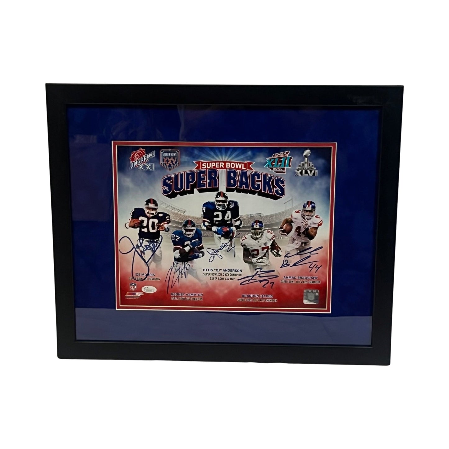 Brandon Jacobs, Ahmad Bradshaw, OJ Anderson, Joe Morris & Rodney Hampton Autographed New York Giants Superbacks 11x14 JSA - Framed