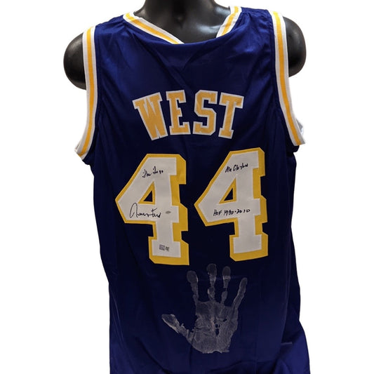 Jerry West Autographed Los Angeles Lakers Purple Jersey w/ Handprint The Logo, Mr Clutch, HOF 1980-2010 Inscriptions Steiner CX