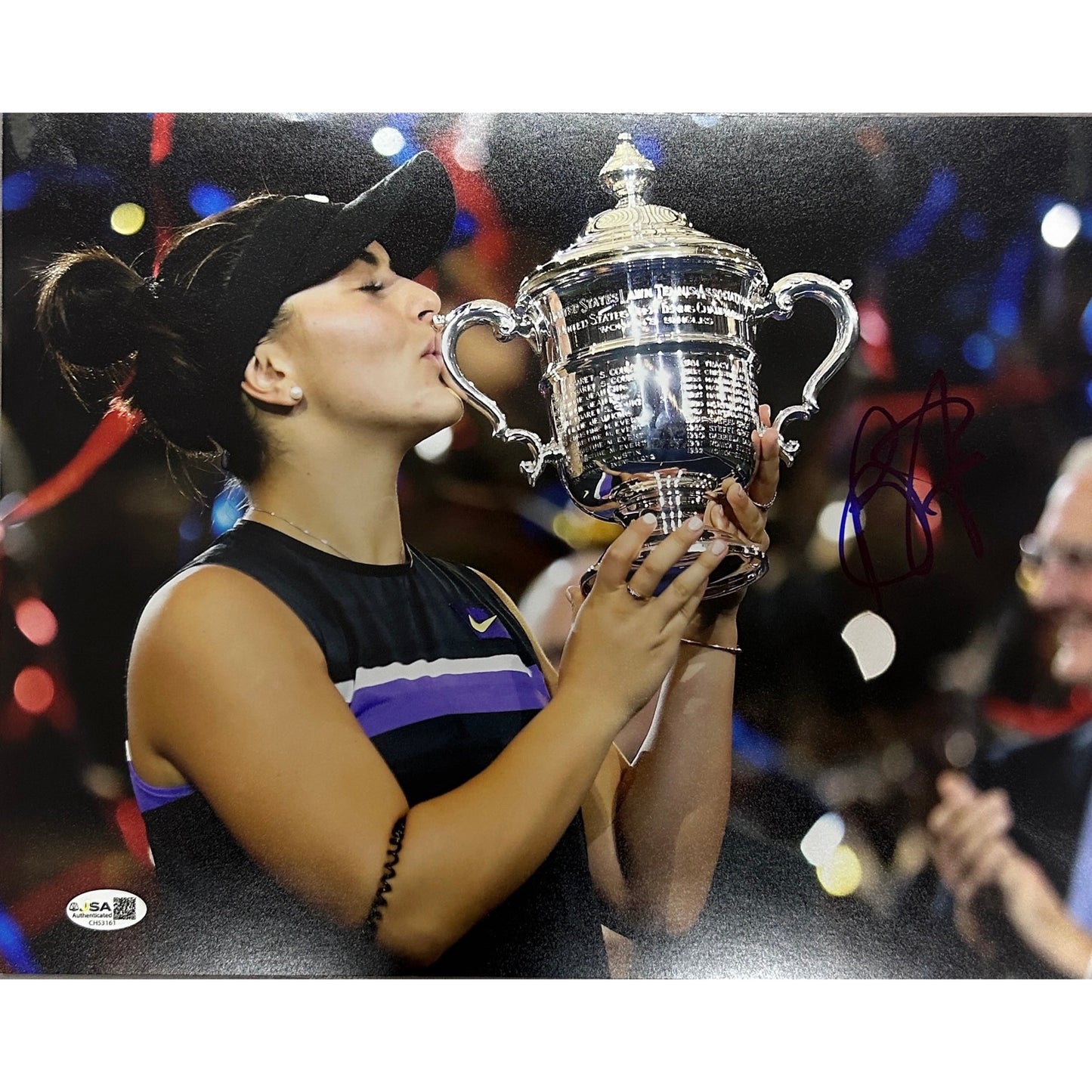 Bianca Andreescu Autographed Tennis 11x14 Trophy Kiss Photo JSA