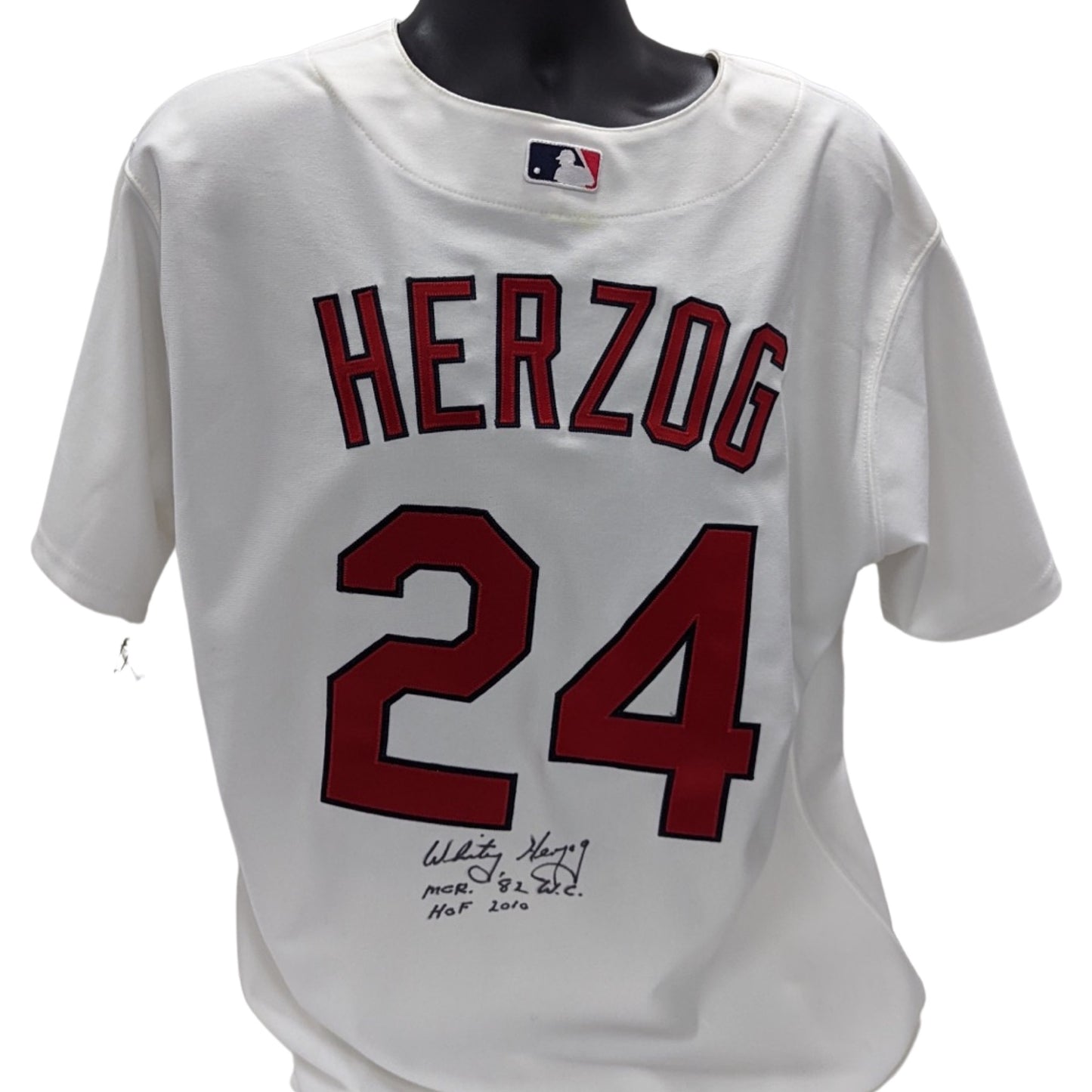 Whitey Herzog Autographed St. Louis Cardinals White Majestic Jersey “MGR 82 W.C, HOF 2010” Inscriptions Schwartz