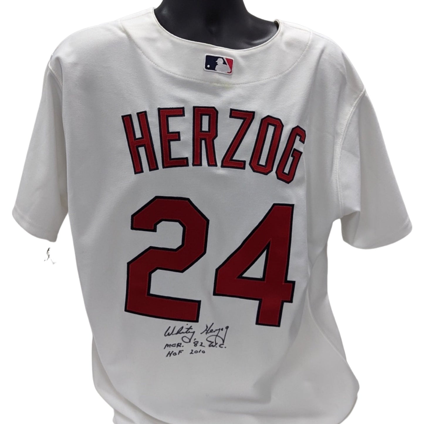 Whitey Herzog Autographed St. Louis Cardinals White Majestic Jersey MGR 82 W.C, HOF 2010 Inscriptions Schwartz
