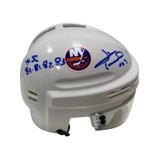 John Tonelli Autographed New York Islanders White Mini Helmet “4x SC 80, 81, 82, 83” Inscription Steiner CX