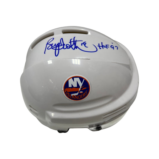 Bryan Trottier Autographed New York Islanders White Mini Helmet “HOF 97” Inscription Steiner CX