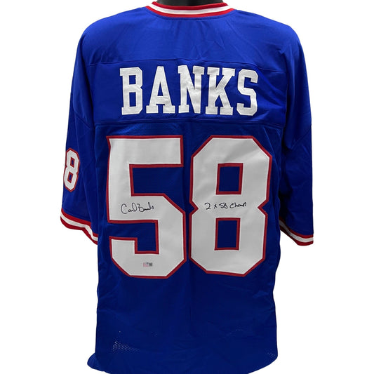 Carl Banks Autographed New York Giants Blue Jersey 2x SB Champ Inscription Steiner CX