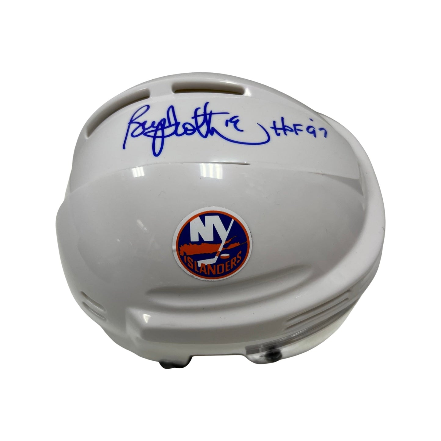 Bryan Trottier Autographed New York Islanders White Mini Helmet HOF 97 Inscription Steiner CX