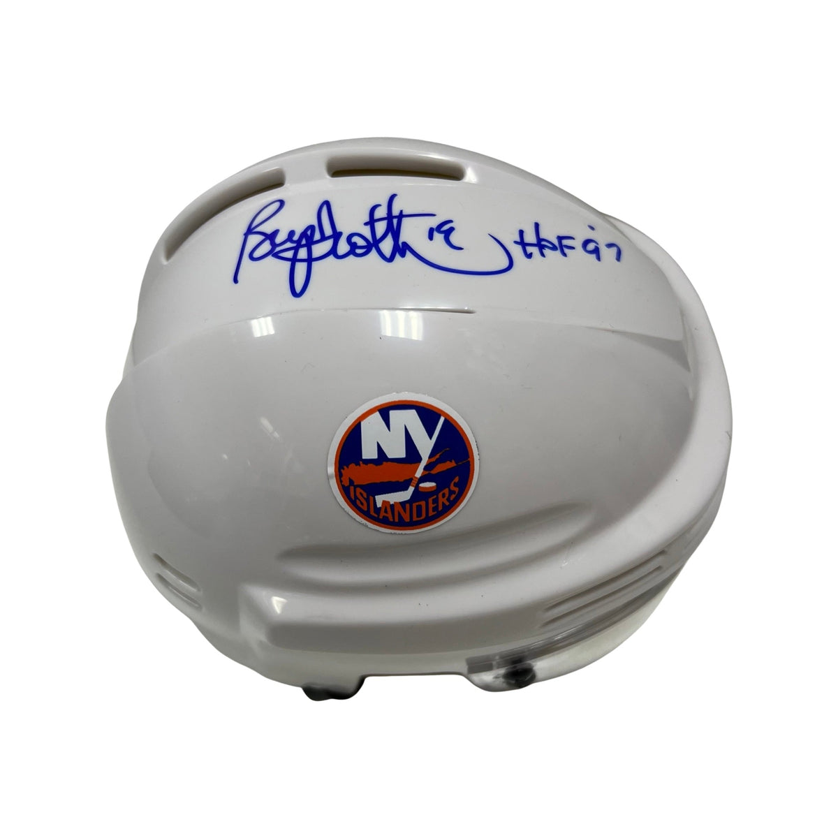 Bryan Trottier Autographed New York Islanders White Mini Helmet HOF 97 Inscription Steiner CX