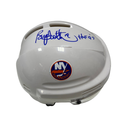 Bryan Trottier Autographed New York Islanders White Mini Helmet HOF 97 Inscription Steiner CX