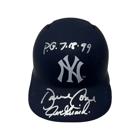 David Cone & Joe Girardi Autographed New York Yankees Flat Navy Mini Helmet “PG 7.18.99” Inscription JSA
