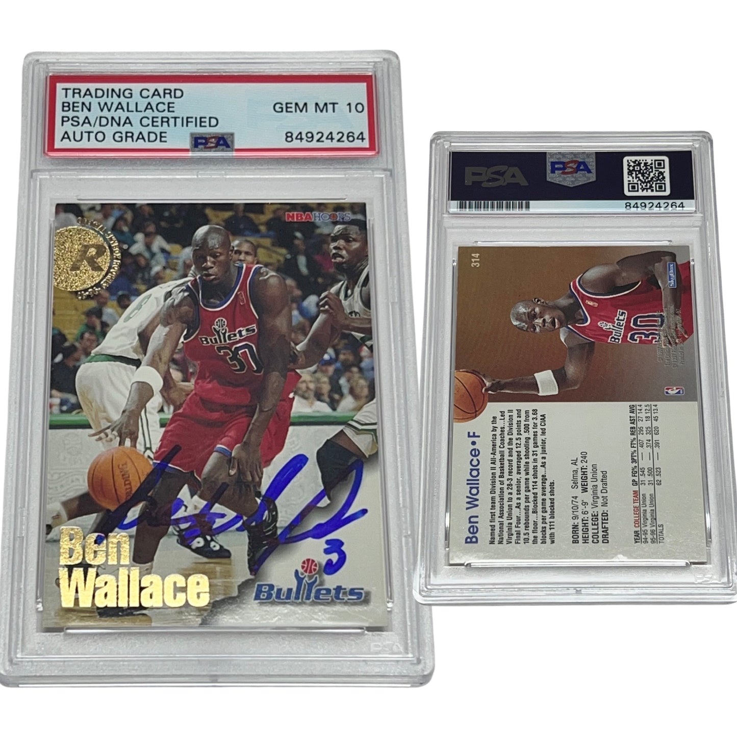 1996-97 Ben Wallace NBA Hoops Rookie Card #314 Autographed PSA Auto GEM MINT 10