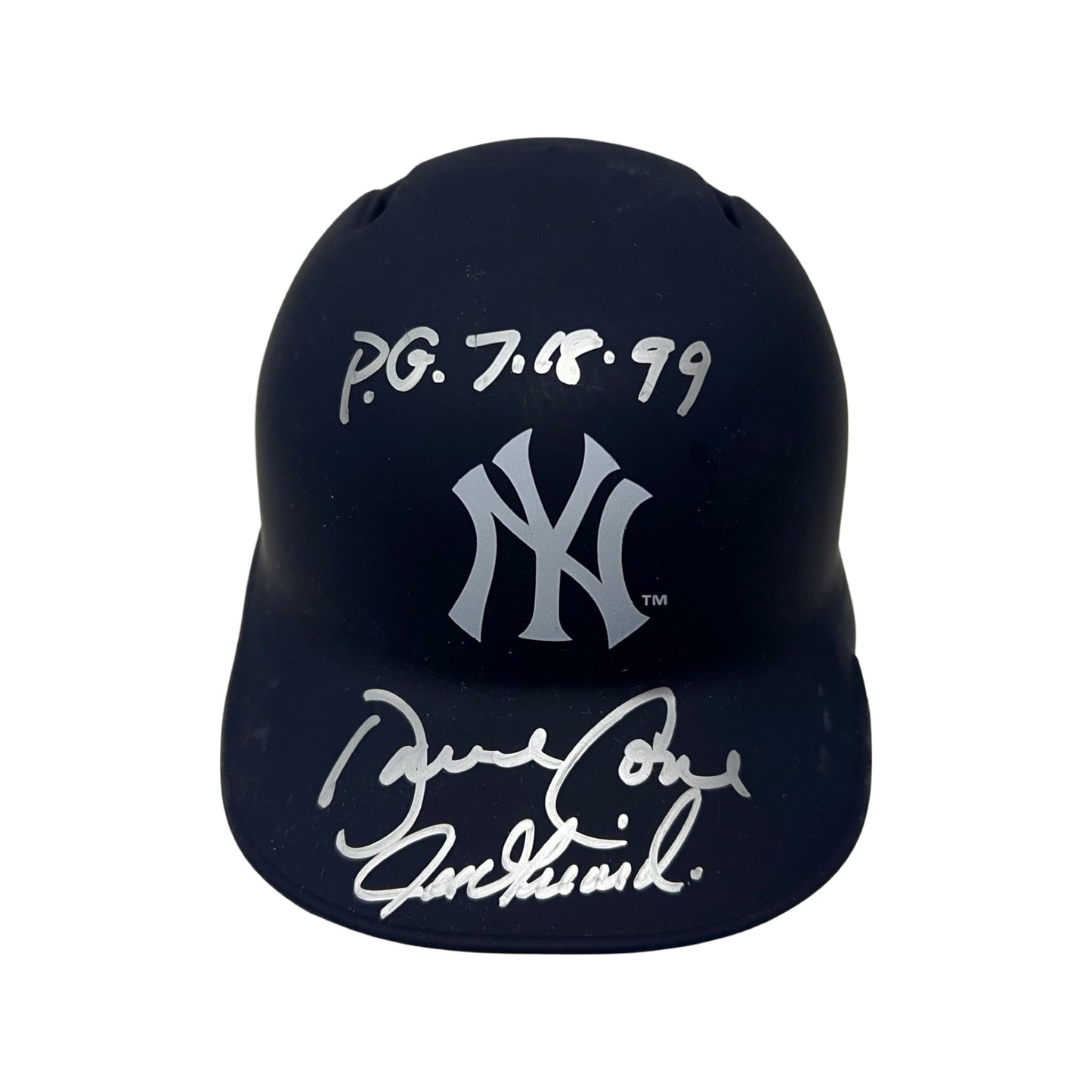 David Cone & Joe Girardi Autographed New York Yankees Flat Navy Mini Helmet PG 7.18.99 Inscription JSA