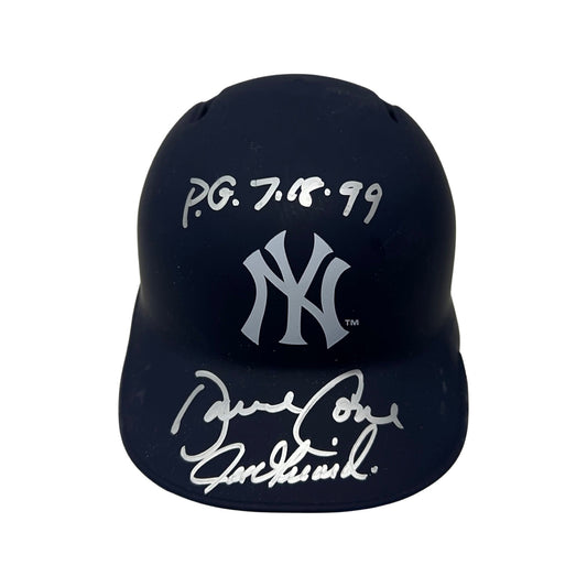 David Cone & Joe Girardi Autographed New York Yankees Flat Navy Mini Helmet PG 7.18.99 Inscription JSA