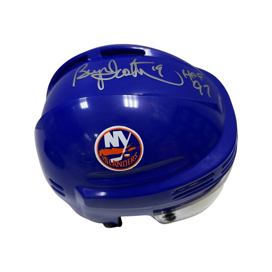 Bryan Trottier Autographed New York Islanders Blue Mini Helmet HOF 97 Inscription Steiner CX
