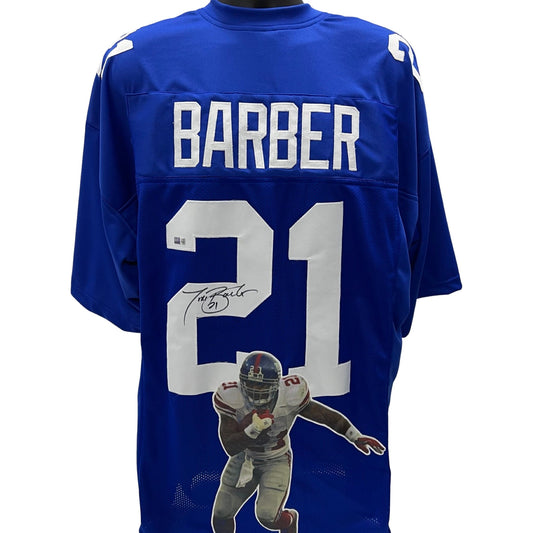 Tiki Barber Autographed New York Giants Blue Art Jersey Steiner CX