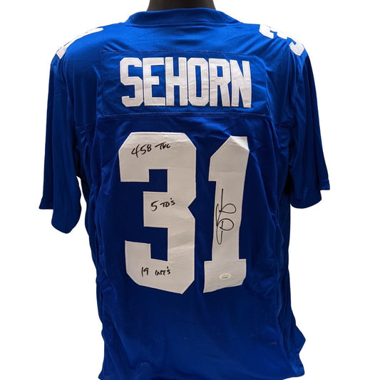 Jason Sehorn Autographed New York Giants Blue Jersey “458 Tckls, 5 TDs, 19INTs” Inscriptions JSA