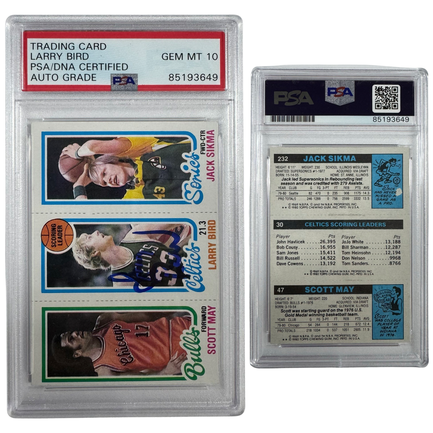 1980-81 Larry Bird Autographed Topps Scoring Leader Blue Ink May, Bird, Sikma PSA Auto GEM MT 10