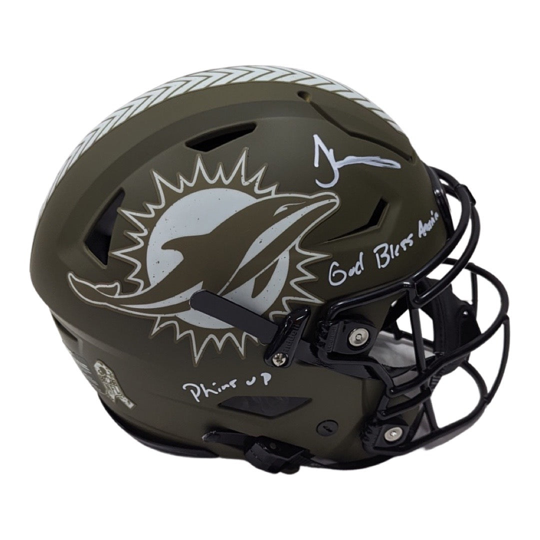 Tyreek Hill Autographed Miami Dolphins Salute to Service Flex Helmet God Bless America, Phins Up Inscriptions Steiner CX