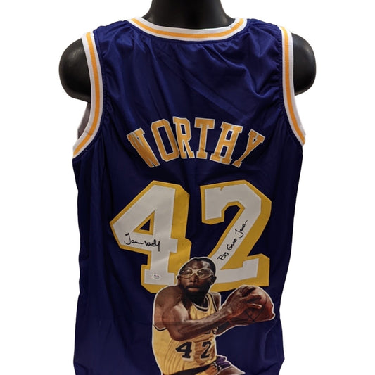 James Worthy Autographed Los Angeles Lakers Purple Art Jersey “Big Game James” Inscription PSA