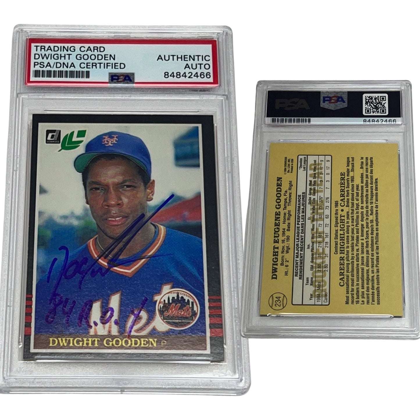 1985 Doc Gooden Donruss Leaf #190 Autographed 84 ROY Inscription PSA Auto Authentic