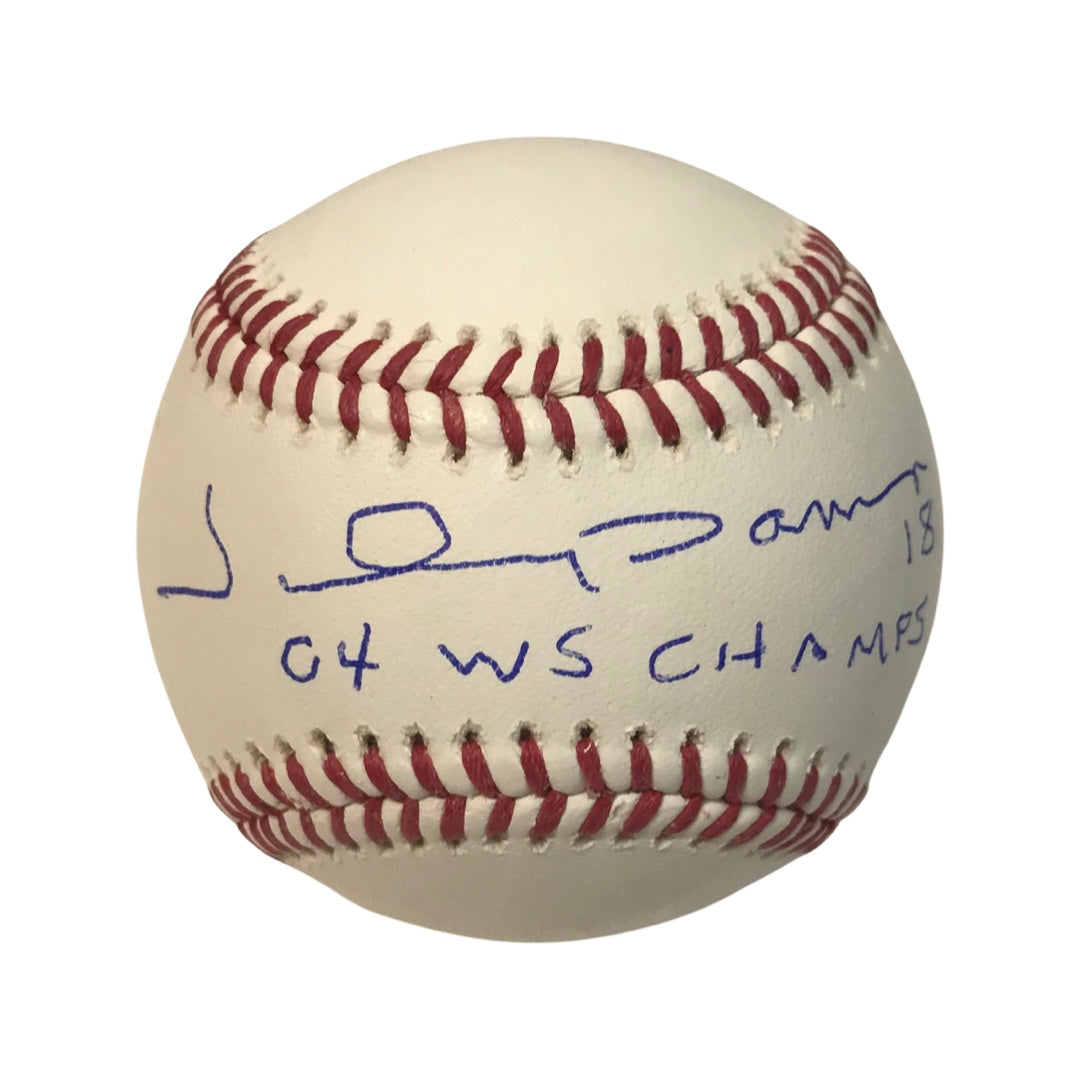 Johnny Damon Autographed Boston Red Sox OMLB 04 WS Champs Inscription Steiner CX
