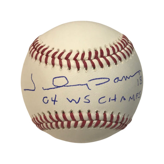 Johnny Damon Autographed Boston Red Sox OMLB 04 WS Champs Inscription Steiner CX