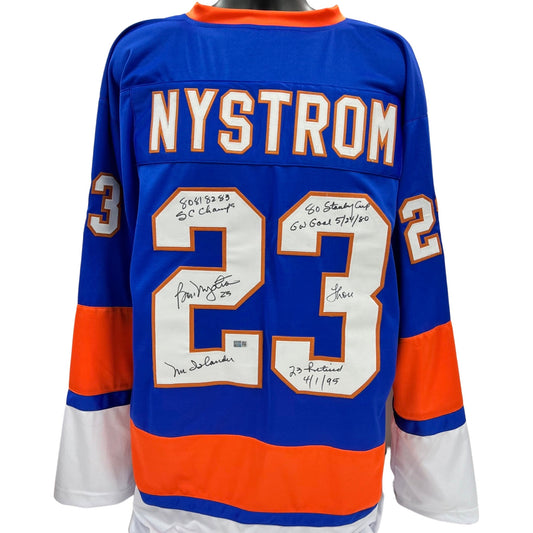 Bob Nystrom Autographed New York Islanders Blue Jersey 80 81 82 83 SC Champs, Mr Islander, 80 Stanley Cup GW Goal 5/24/80, Thore, 23 Retired 4/1/95 Inscriptions Steiner CX