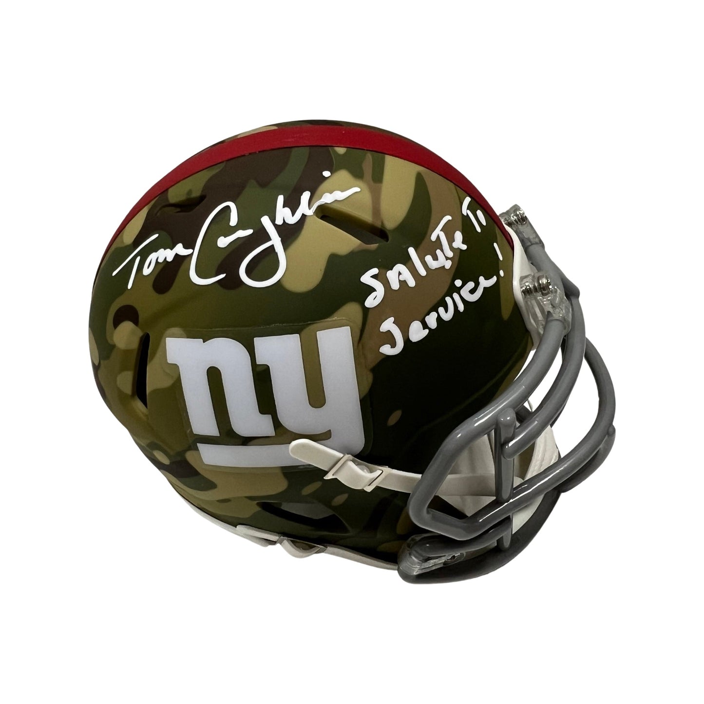 Tom Coughlin Autographed New York Giants Camo Mini Helmet Salute to Service Inscription Steiner CX
