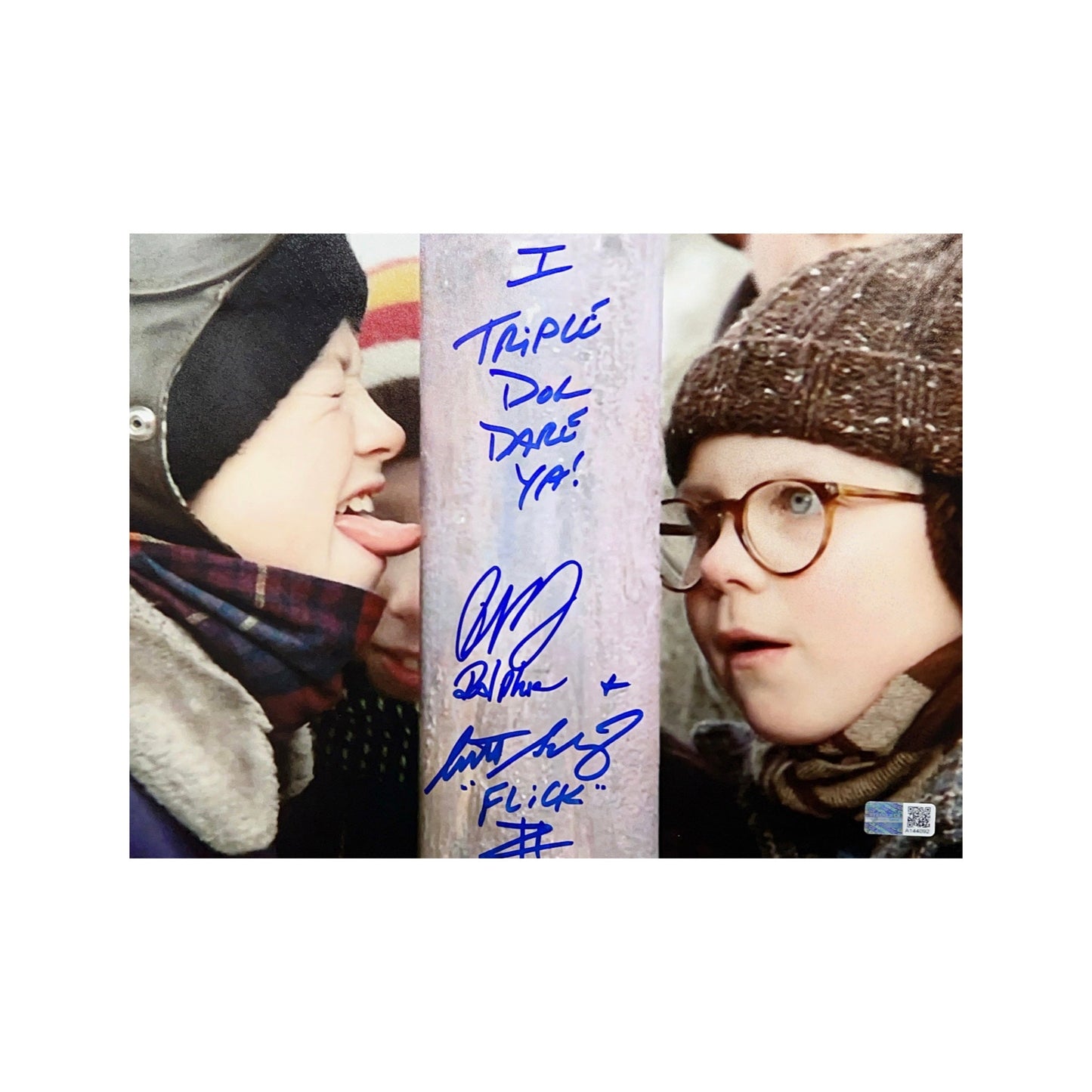 Peter Billingsley & Scott Schwartz Autographed A Christmas Story Pole 8x10 Ralphie, Flick, I Triple Dog Dare You! Inscriptions Steiner CX - Unframed